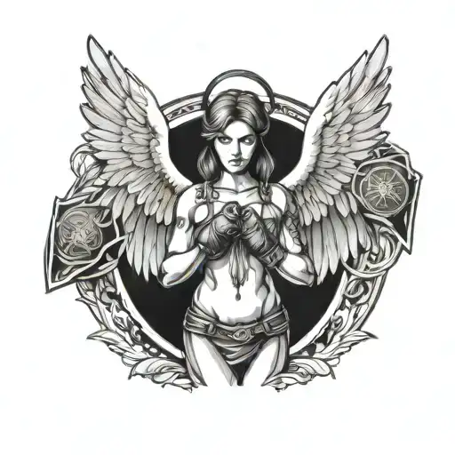 a standing female guardian angel with MMA gloves on tattoo design idea