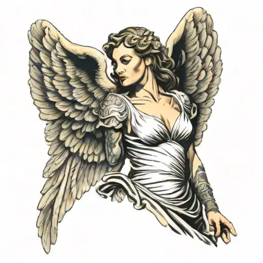 a standing, female guardian angel with a long dress on. with boxing gloves on her hands tattoo design idea