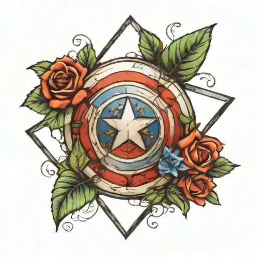 captain america shield. include roses, lilies, and ivy intertwined. tattoo design idea