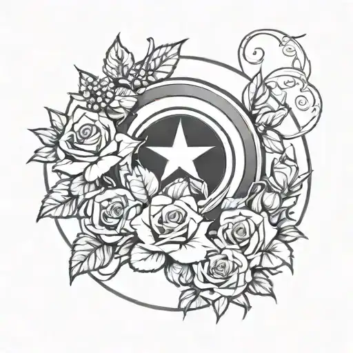 captain america shield with roses, ivy vines and lily's  tattoo design idea