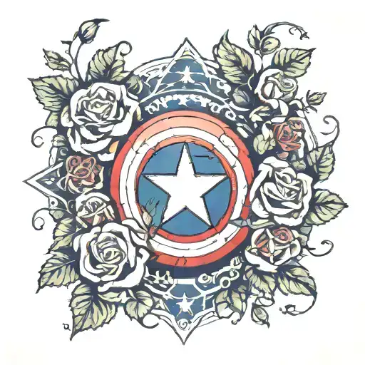 captain america shield with roses, ivy vines and lily's  tattoo design idea