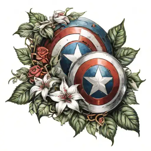 captain america shield with roses, ivy vines and lily's  tattoo design idea