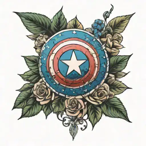 Captain America shield as the base layer.  top line of roses wrapped around. 2nd line are lilys. third is Ivy. tattoo design idea