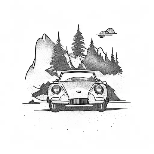 A tattoo design inspired by the love for summer and friendship, featuring a car cruising through mountains with sporty elements. tattoo design idea