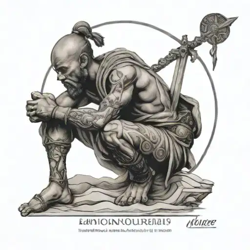 A tattoo of a warrior meditating in a serene setting, embodying the balance of discipline and mindfulness, with a quote from Marcus Aurelius in the background tattoo design idea