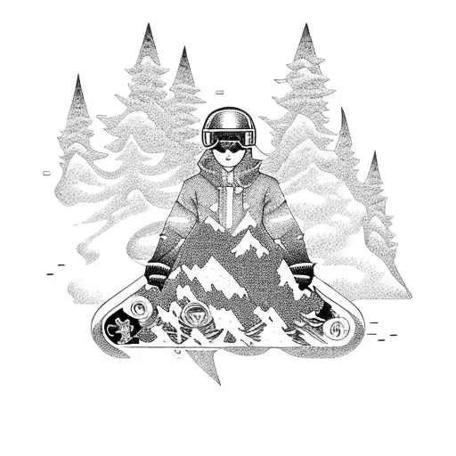 Create a blackwork tattoo of a snowboarder with an anime-inspired design tattoo design idea