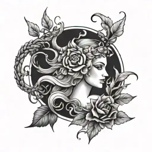 Create a tattoo design inspired by the story of Persephone and Hades, incorporating dark and light elements to represent the underworld and the living world tattoo design idea
