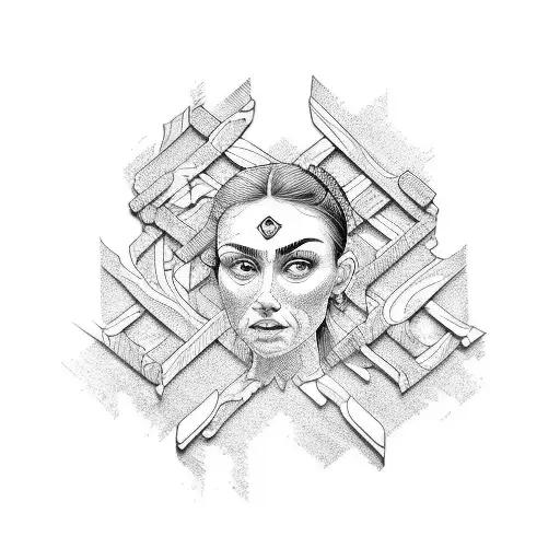 Incorporate intricate wood grain patterns into a tattoo design featuring a powerful female carpenter wielding her tools tattoo design idea