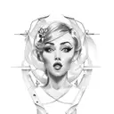 Create a tattoo design of a seductive pin-up girl surrounded by carpentry tools, with a subtle money motif incorporated into the background tattoo design idea