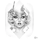 Create a tattoo design of a seductive pin-up girl surrounded by carpentry tools, with a subtle money motif incorporated into the background tattoo design idea