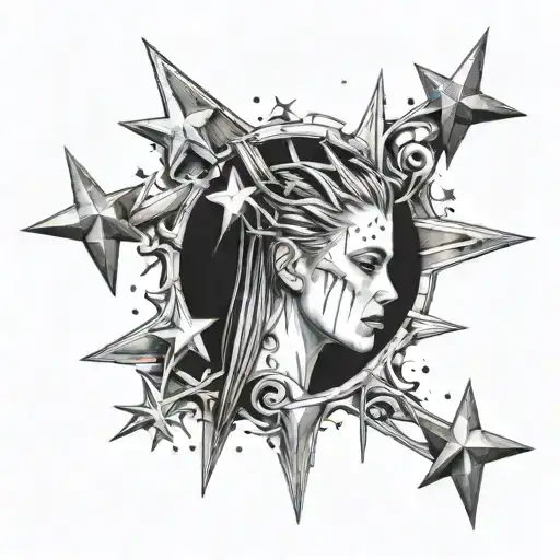surreal sketch, thin spikes, creeper and little stars tattoo design idea
