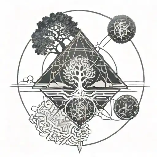  top half is yggdrasil, on bottom half, the  roots of yggdrasil connect to a mathematical lines form an AI pathways tattoo design idea