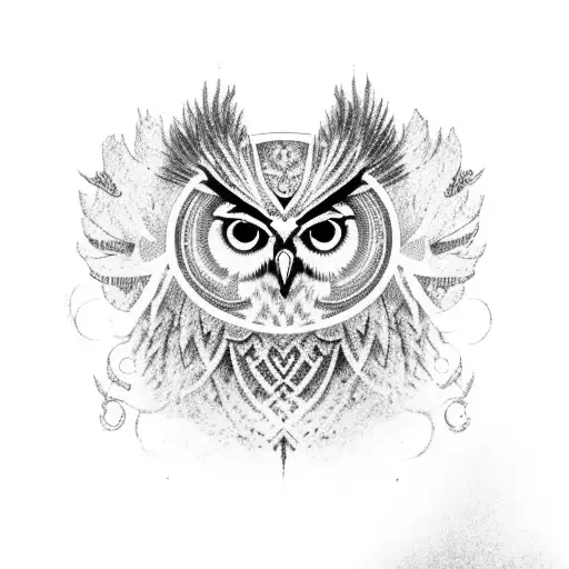 A cross between an owl and a lion sitting majestically on a tree branch, with intricate patterns and textures in the background tattoo design idea