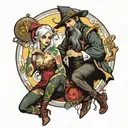 wizard and sexy elf with a clock tattoo design idea