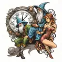 wizard and sexy elf with a clock tattoo design idea
