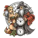 wizard and sexy elf with a clock tattoo design idea