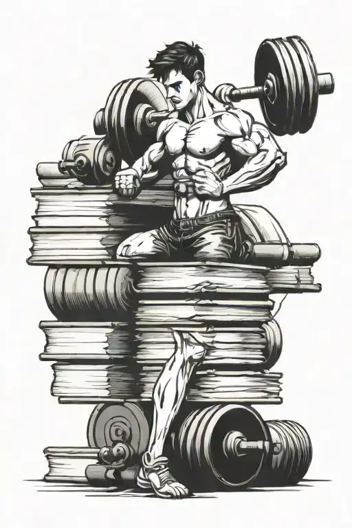 A tattoo design of a student balancing books and weights, representing the client's dedication to both academics and fitness tattoo design idea