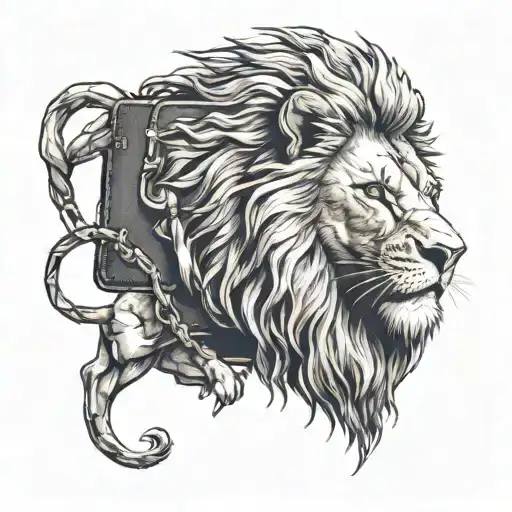 A powerful lion with a briefcase in its mouth, symbolizing the client's strength in both their professional and personal life tattoo design idea