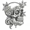 hand holding skull with flowers and snake wrapped tattoo design idea