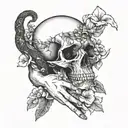 hand holding skull with flowers and snake wrapped tattoo design idea
