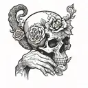 hand holding skull with flowers and snake wrapped tattoo design idea