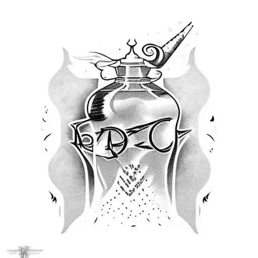 Harry Potter Magic potion bottle with inscription "Felix Felicis" with lilies tattoo design idea