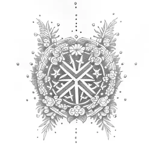 A dotwork tattoo of crossed rifles with a banner that says 'Freedom' wrapped around them, surrounded by a wreath of flowers tattoo design idea