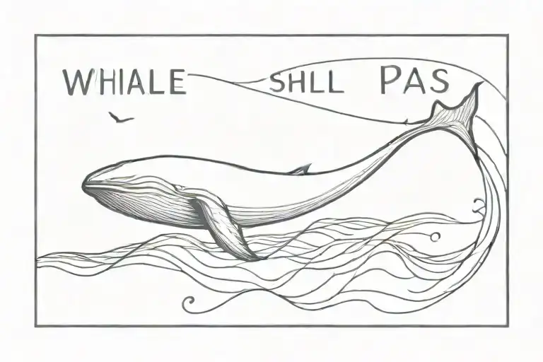A tattoo picture of whale in the midle of the wave in rectangle and write this too shall pass tattoo design idea
