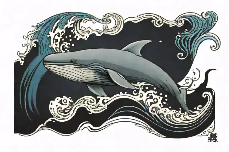 A tattoo picture of whale in the midle of the wave in rectangle and write this too shall pass tattoo design idea