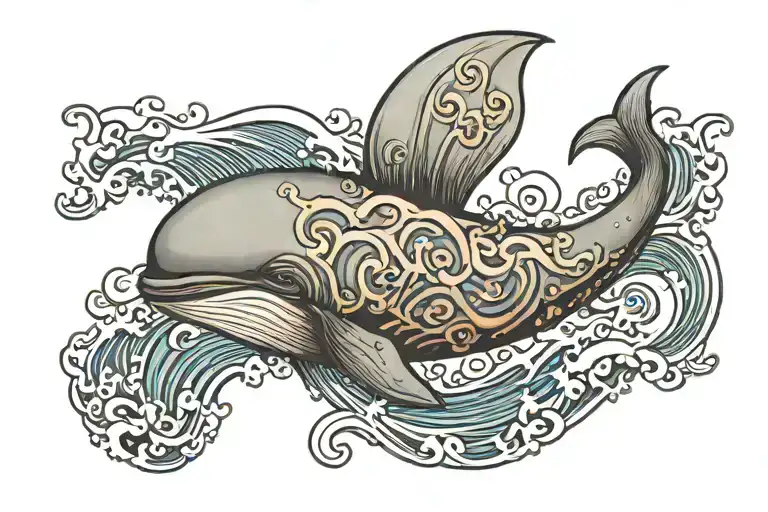 A tattoo picture of whale in the midle of the wave in rectangle with this too shall pass tattoo design idea