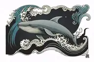 A tattoo picture of whale in the midle of the wave in rectangle and write this too shall pass tattoo design idea