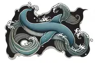 A tattoo picture of whale in the midle of the wave in rectangle and write this too shall pass tattoo design idea
