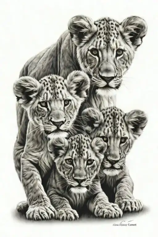 4 lion cubs going vertical tattoo design idea