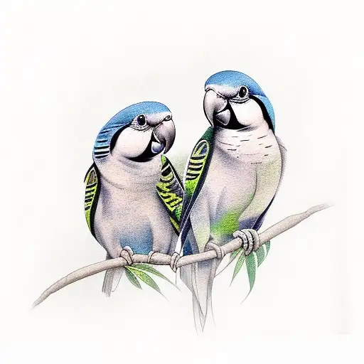2 realistic parakeets with lilies tattoo design idea