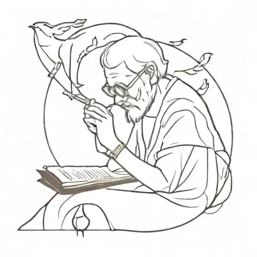 A sketch tattoo of a philosopher reading a book with animal motifs around them tattoo design idea
