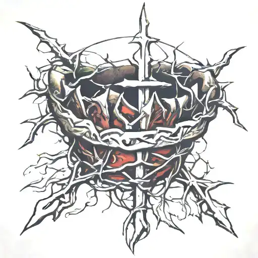 Stone tattoo crown of thorns like that of Jesus Christ, with the words written above it German Christ King of Jude tattoo design idea