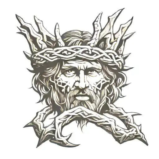 Forehead tattoo of a crown of thorns like that of Jesus Christ, with the words written above it German Christ King of Jude tattoo design idea