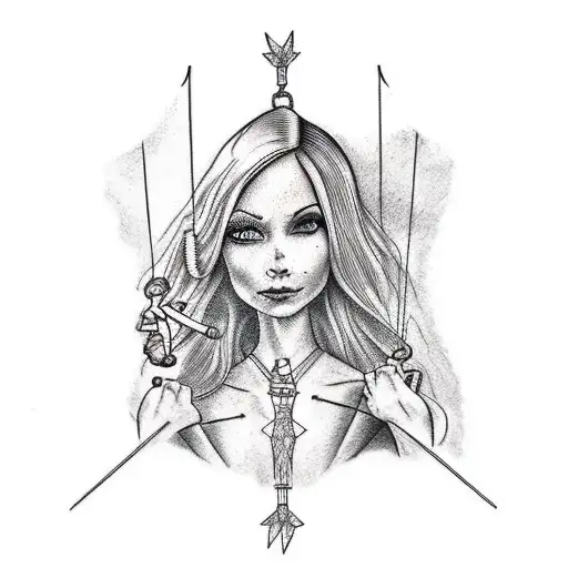Design a tattoo that depicts a person holding the strings of a marionette, with the marionette representing fate or dest tattoo design idea