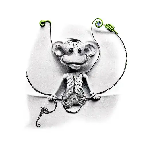 Create a tattoo design of a male puppet with strings attached to its limbs, but the strings are broken and the p tattoo design idea