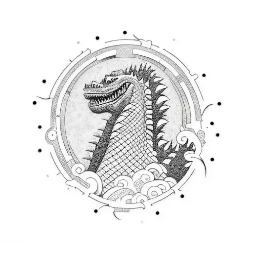 Minimalistic godzilla tattoo with japanese style lines and ornaments tattoo design idea