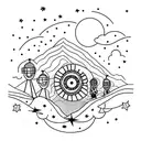 A minimalist tattoo design of a group of friends  under a starry night sky tattoo design idea