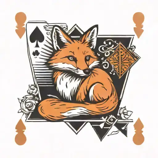 Small minimal fox sitting on a square background, accented by calligraphy brush strokes, with 4 large Aces playing cards tattoo design idea
