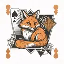 Small minimal fox sitting on a square background, accented by calligraphy brush strokes, with 4 large Aces playing cards tattoo design idea