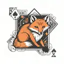 Small minimal fox sitting on a square background, accented by calligraphy brush strokes, with 4 large Aces playing cards tattoo design idea