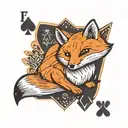 Small minimal fox sitting on a square background, accented by calligraphy brush strokes, with 4 large Aces playing cards tattoo design idea