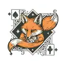 Small minimal fox sitting on a square background, accented by calligraphy brush strokes, with 4 large Aces playing cards tattoo design idea
