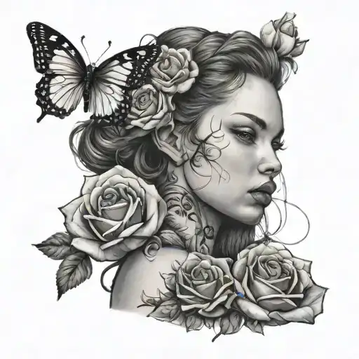 A black and grey portrait of a girl with a butterfly perched on her shoulder, holding a rose tattoo design idea