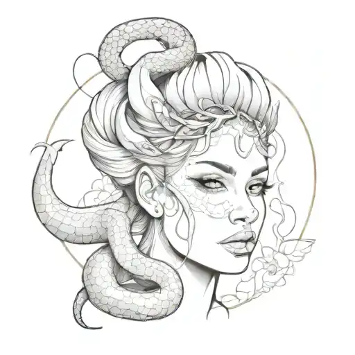 a womans face with snake surrounding her head tattoo design idea