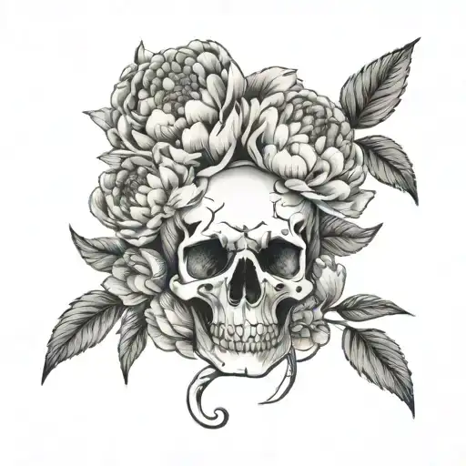 peony and cat skull tattoo design idea