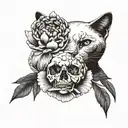 peony and cat skull tattoo design idea